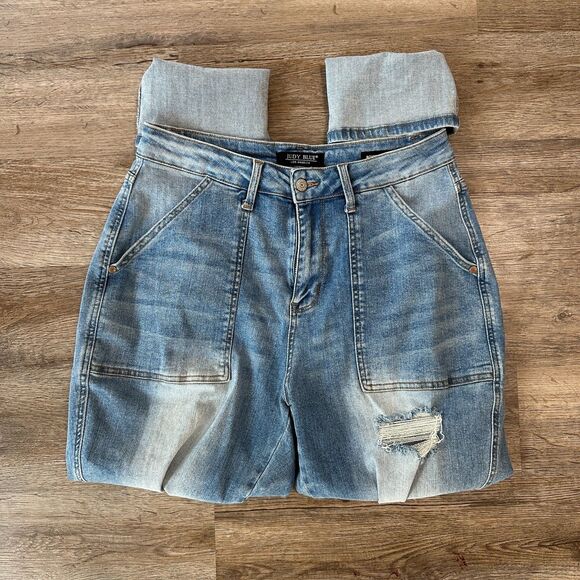 Judy Blue Boyfriend Patch Pocket & Destroy Jeans Size 14w High Rise Distressed - Picture 1 of 5